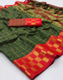 Mahendi & Red Silk Saree With Weaving Work