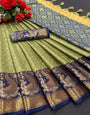 Olive Green & Blue Silk Saree With Weaving Work