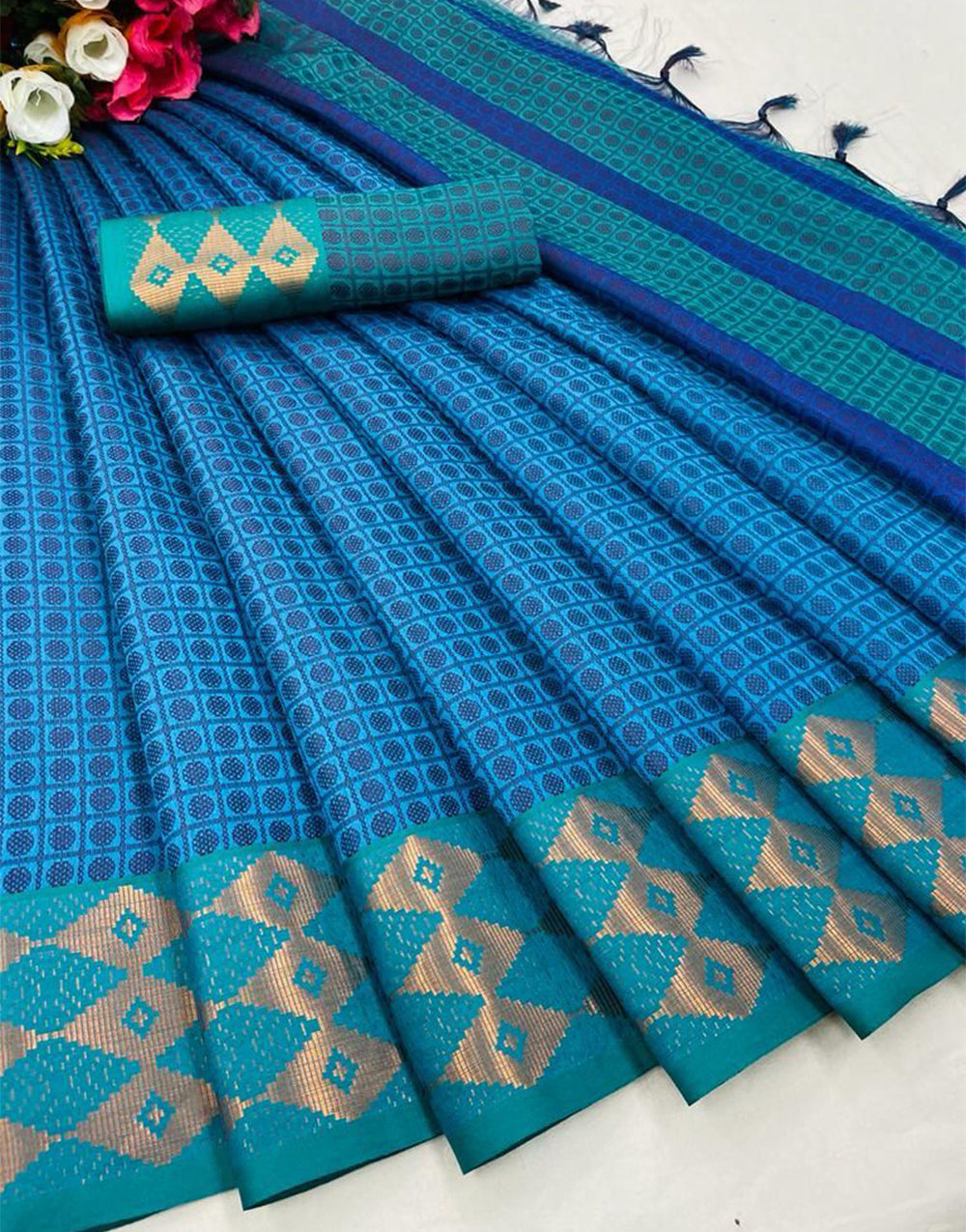 Cyan Blue Silk Saree With Weaving Work