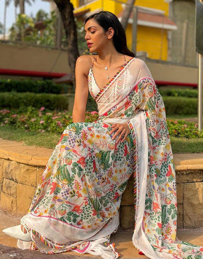 White Saree With Digital Print & Embroidery Lace