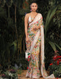 White Saree With Digital Print & Embroidery Lace