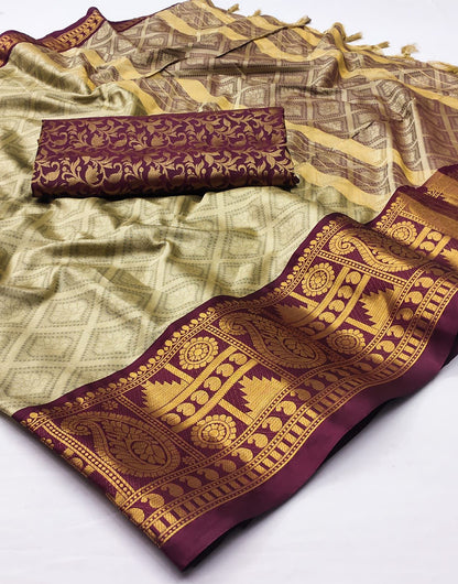 Chiku Cream & Dark Maroon Silk Saree With Weaving Work