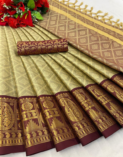 Chiku Cream & Dark Maroon Silk Saree With Weaving Work