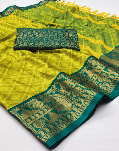 Lemon Yellow & Rama Blue Silk Saree With Weaving Work