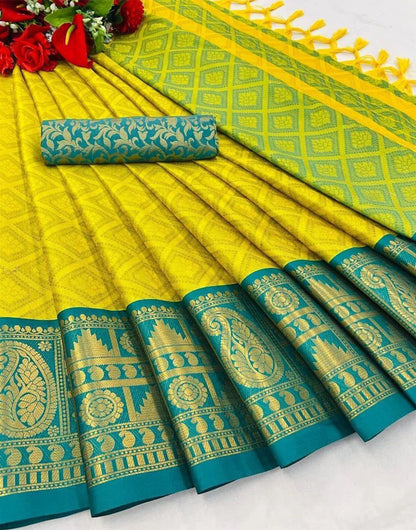 Lemon Yellow & Rama Blue Silk Saree With Weaving Work