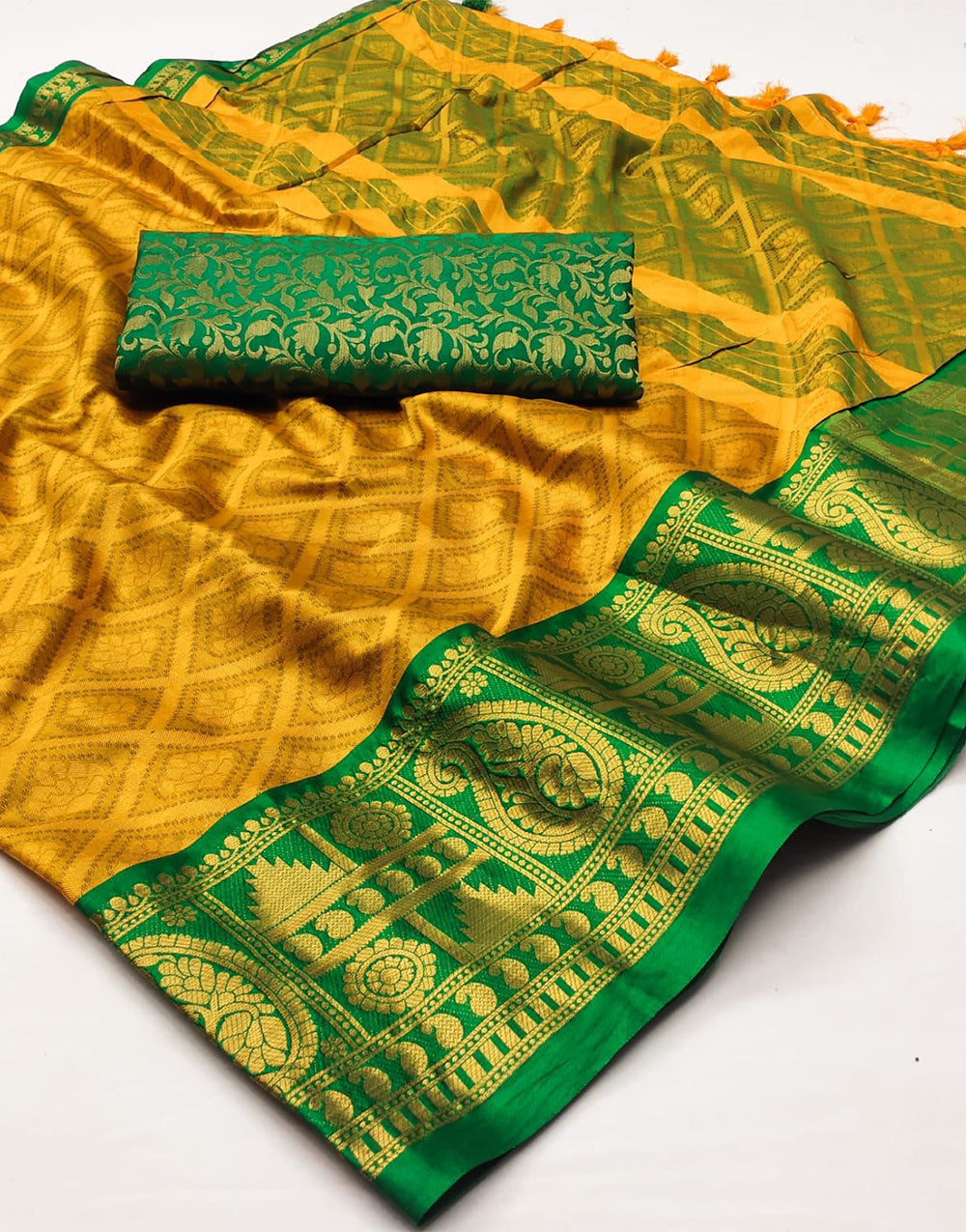 Mustard Yellow & Green Silk Saree With Weaving Work