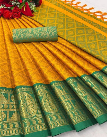 Mustard Yellow & Green Silk Saree With Weaving Work