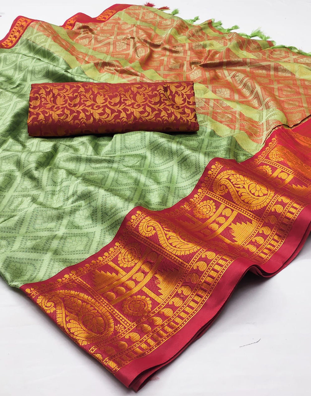 Pista & Red Silk Saree With Weaving Work