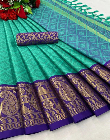 Rama Green & Purple Silk Saree With Weaving Work