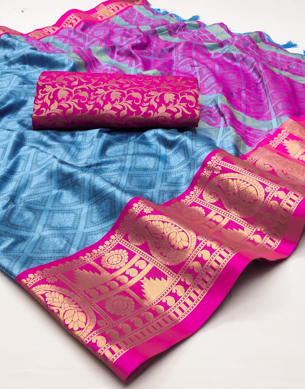 Blue & Pink Silk Saree With Weaving Work