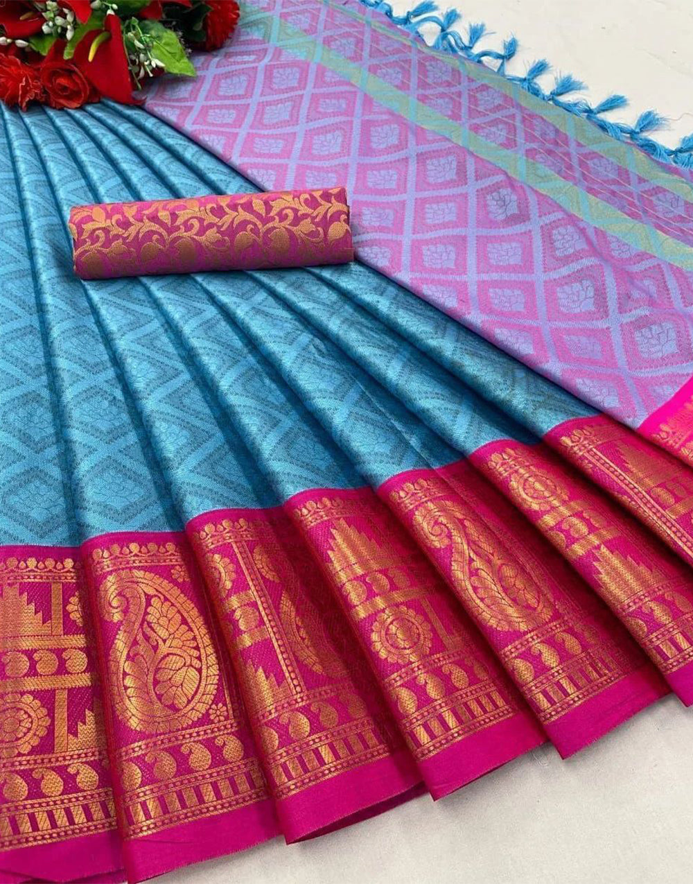 Blue & Pink Silk Saree With Weaving Work