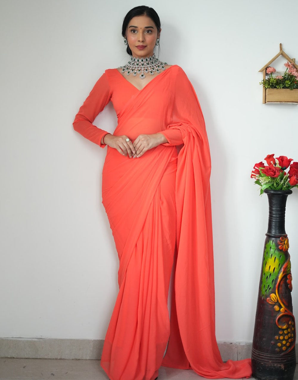 Orange Georgette Ready To Wear Saree