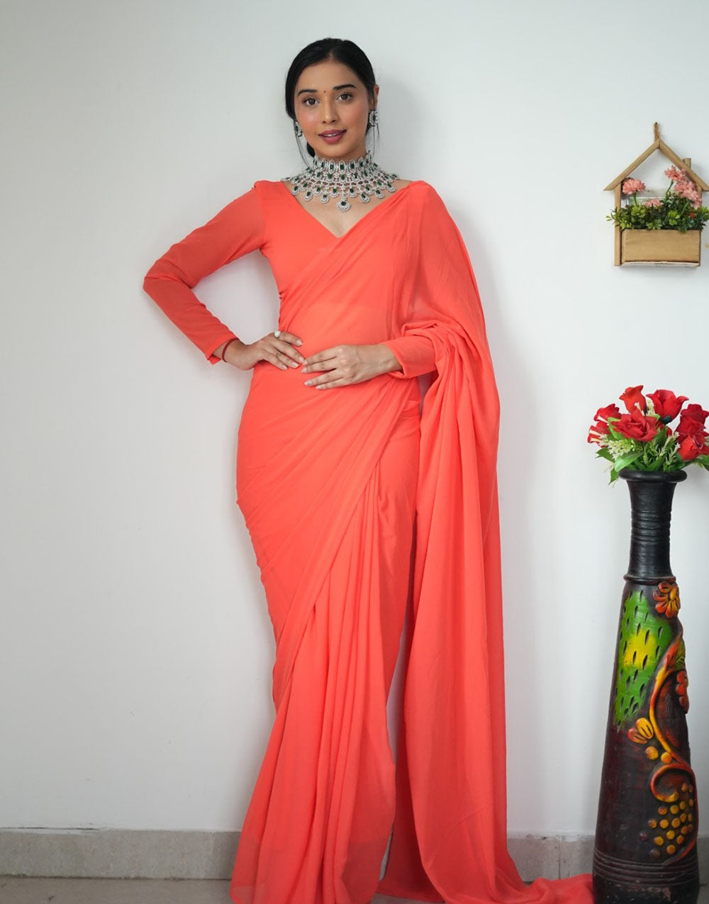 Orange Georgette Ready To Wear Saree