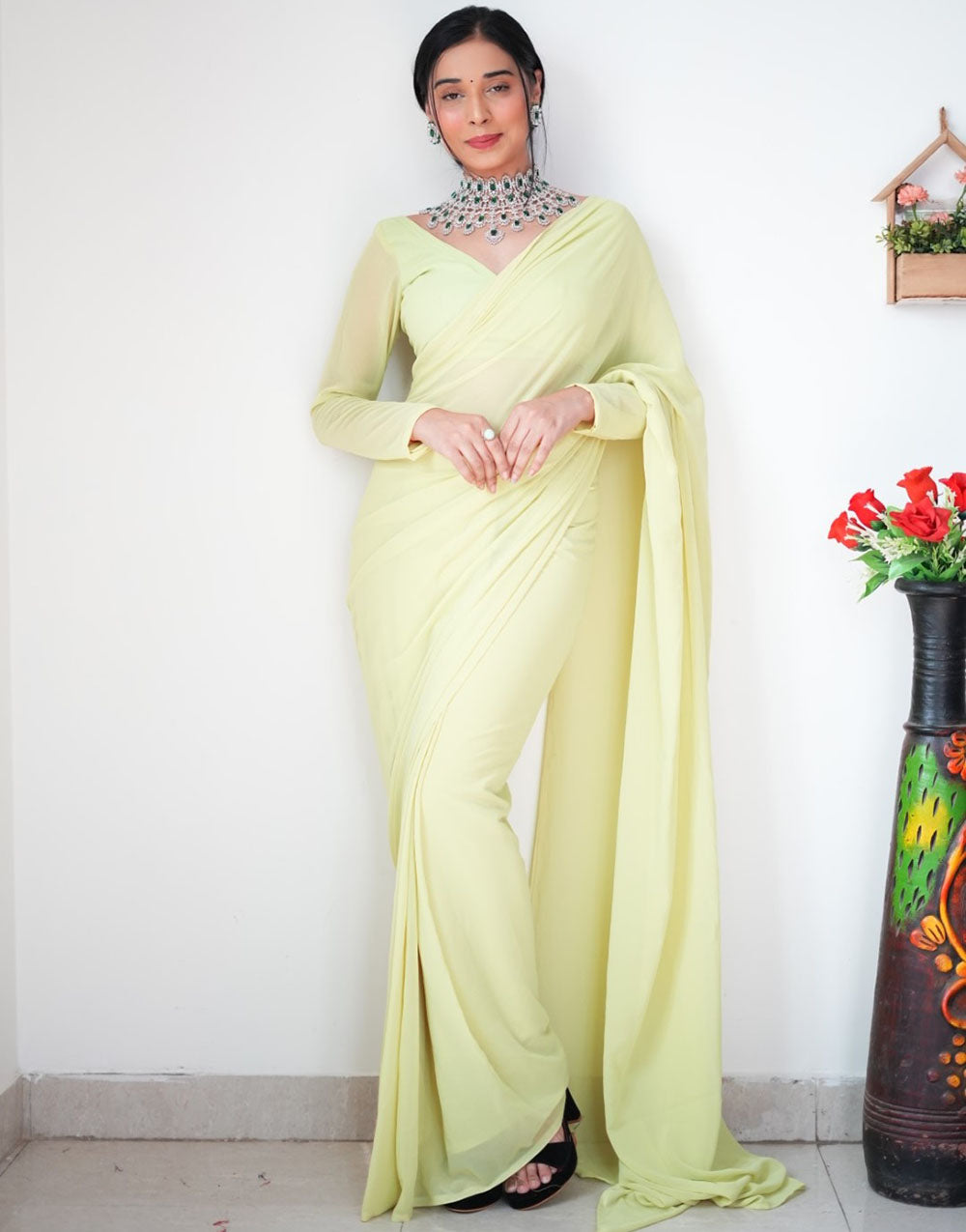 Light Lemon Yellow Georgette Ready To Wear Saree