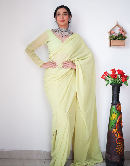 Light Lemon Yellow Georgette Ready To Wear Saree