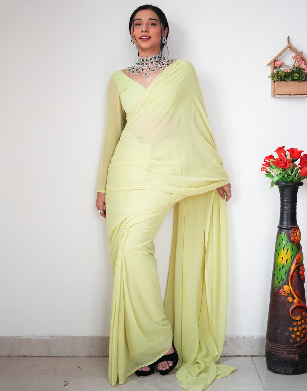 Light Lemon Yellow Georgette Ready To Wear Saree