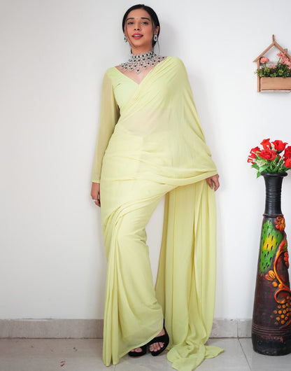 Light Lemon Yellow Georgette Ready To Wear Saree