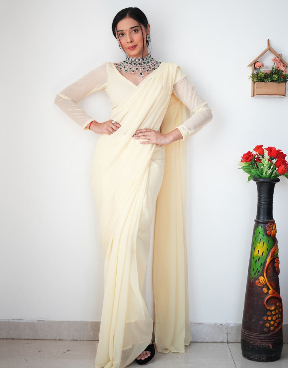 Cream Georgette Ready To Wear Saree