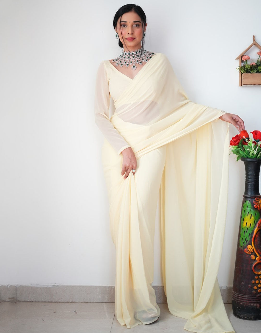 Cream Georgette Ready To Wear Saree