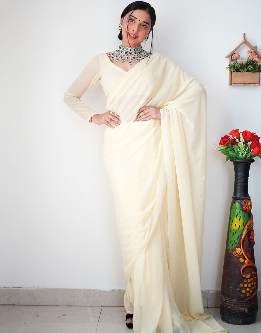 Cream Georgette Ready To Wear Saree