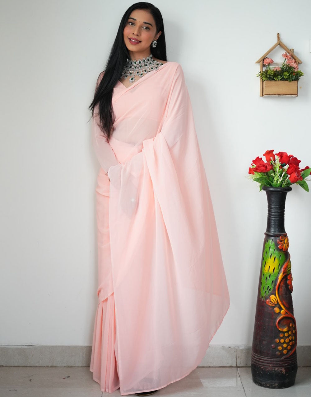 Pastel Pink Georgette Ready To Wear Saree