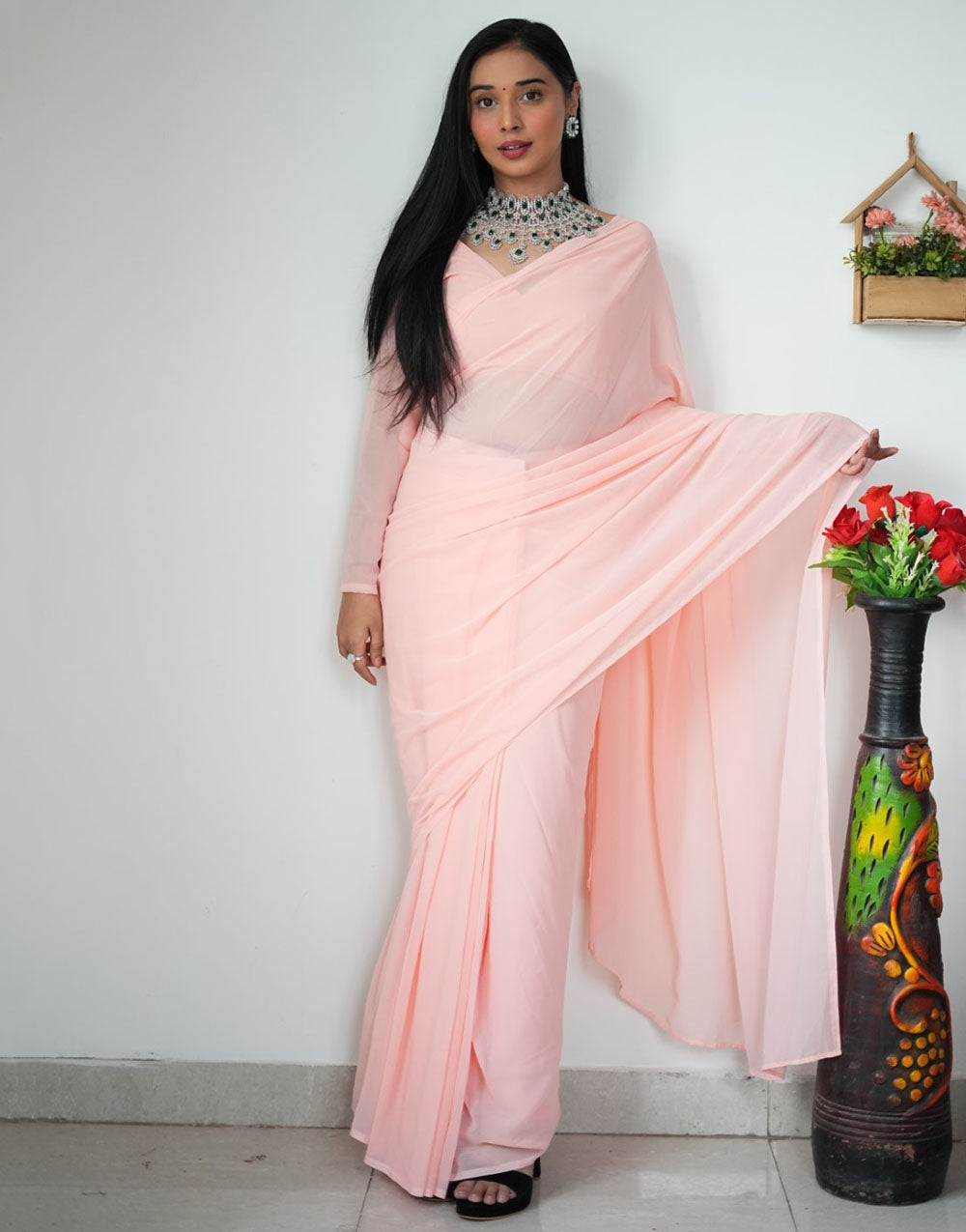 Pastel Pink Georgette Ready To Wear Saree