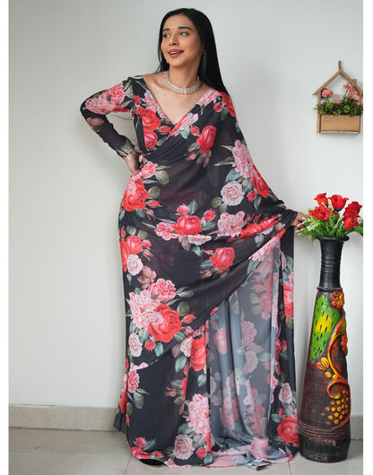 Black Georgette Ready To Wear Saree With Floral Printed Work