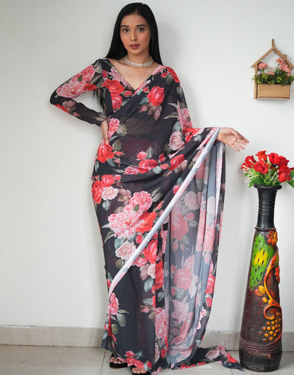 Black Georgette Ready To Wear Saree With Floral Printed Work