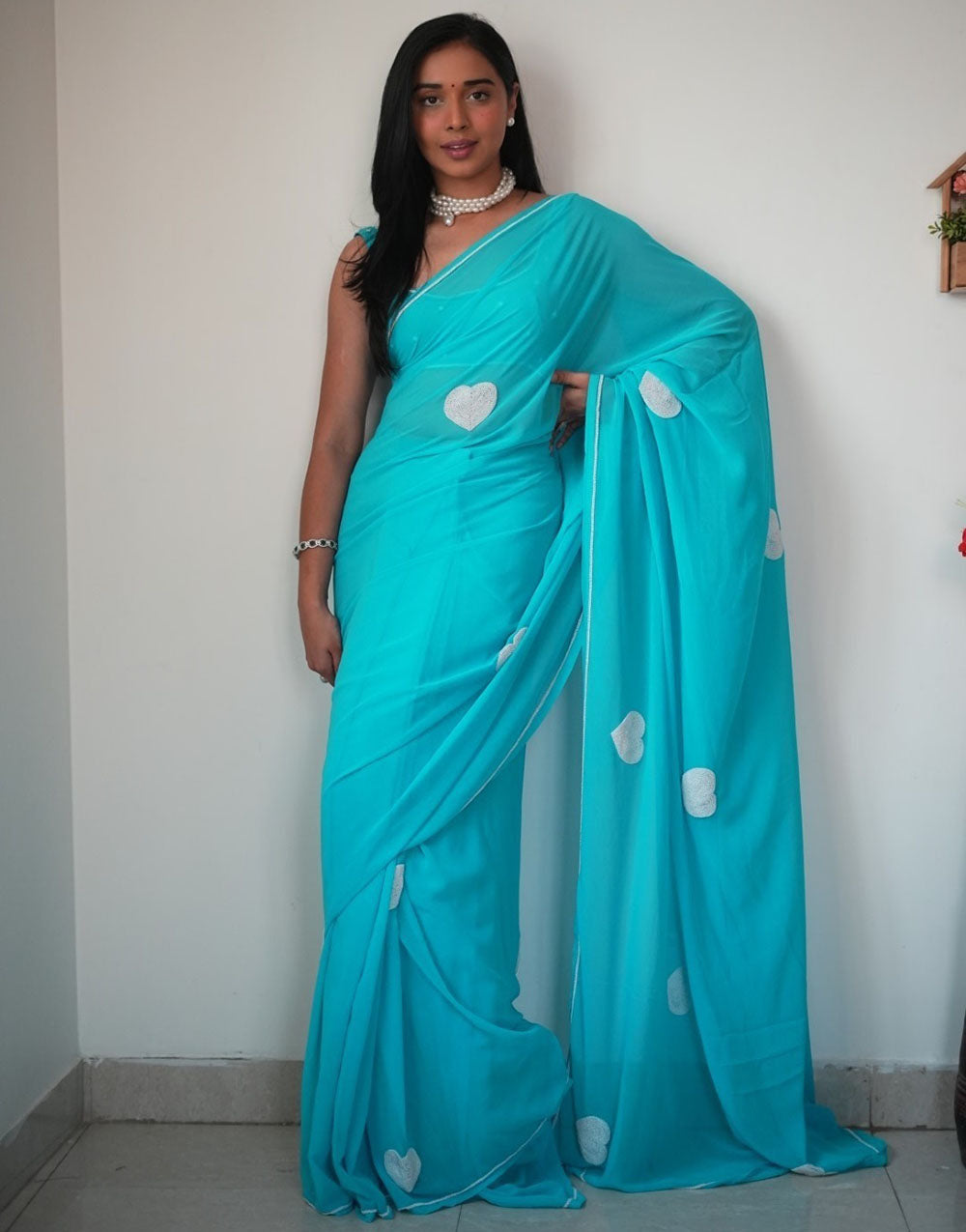 Tiffany Blue Georgette Ready To Wear Saree