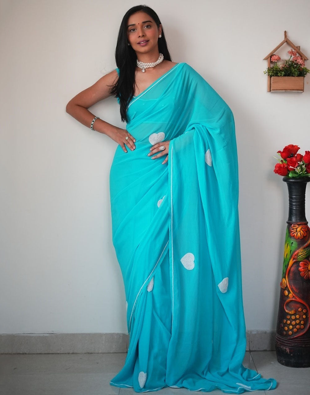 Tiffany Blue Georgette Ready To Wear Saree