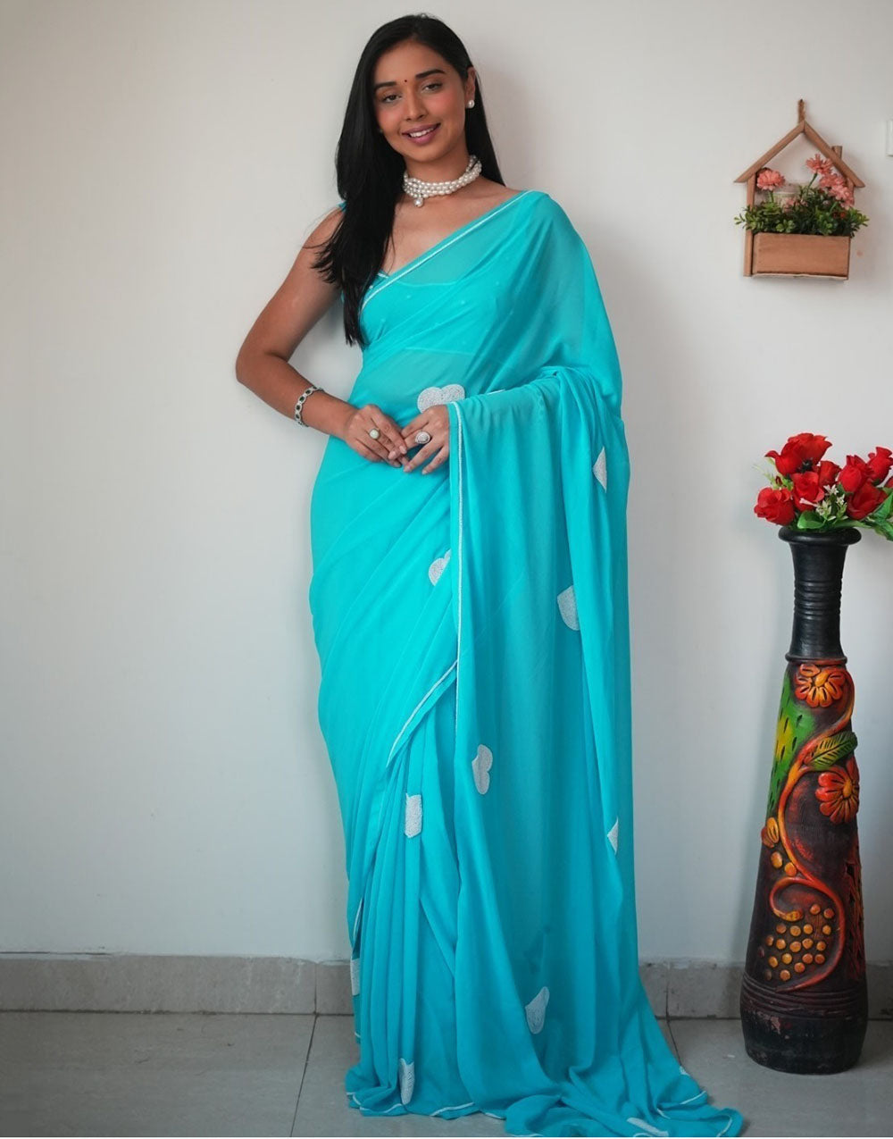 Tiffany Blue Georgette Ready To Wear Saree