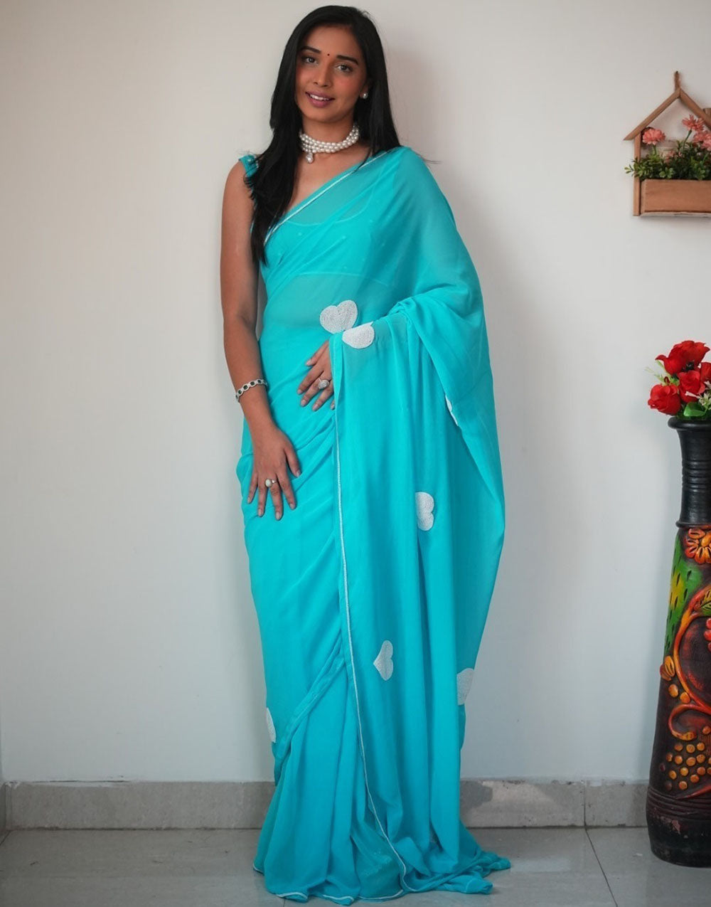 Tiffany Blue Georgette Ready To Wear Saree