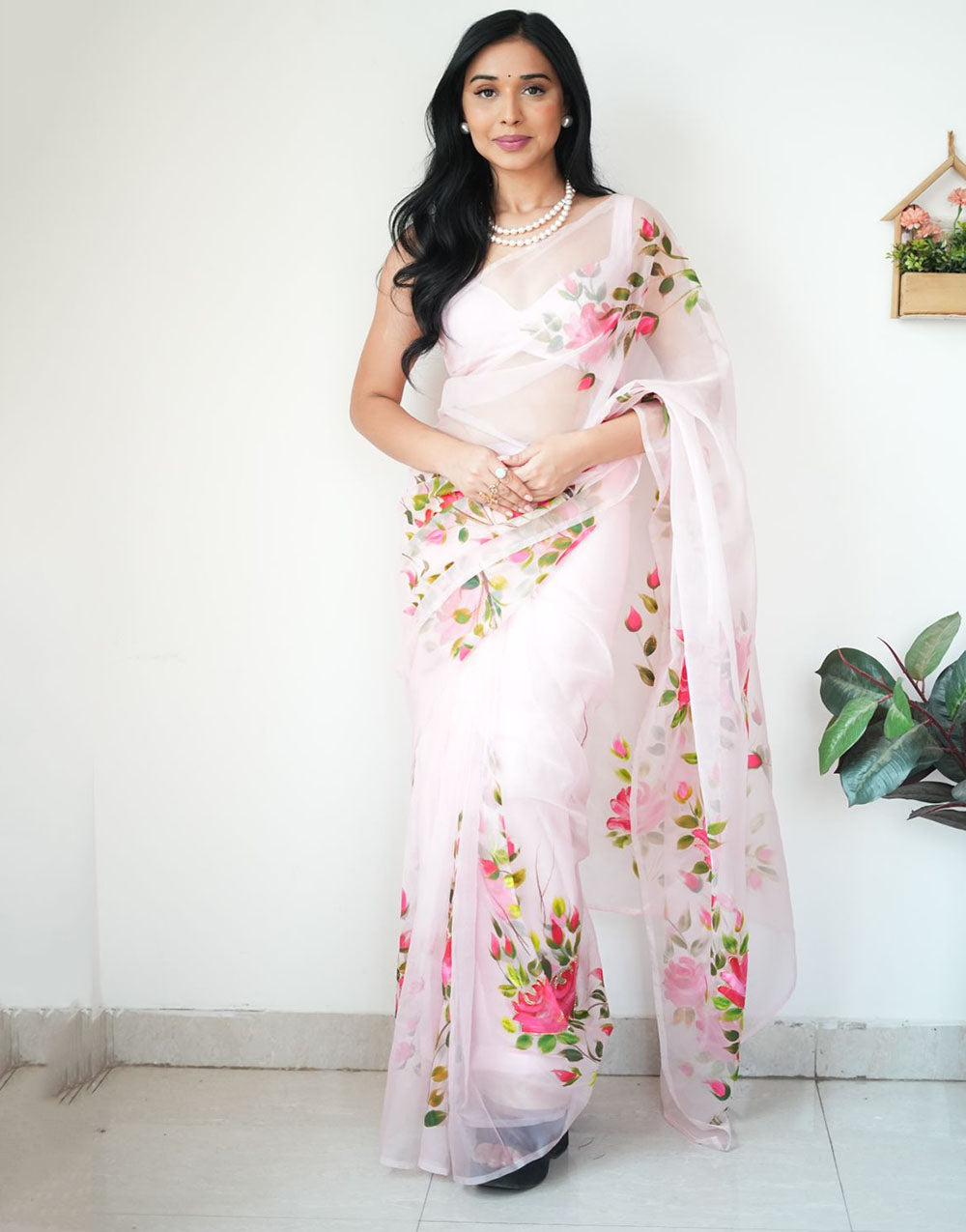 Baby Pink Organza Ready To Wear Saree