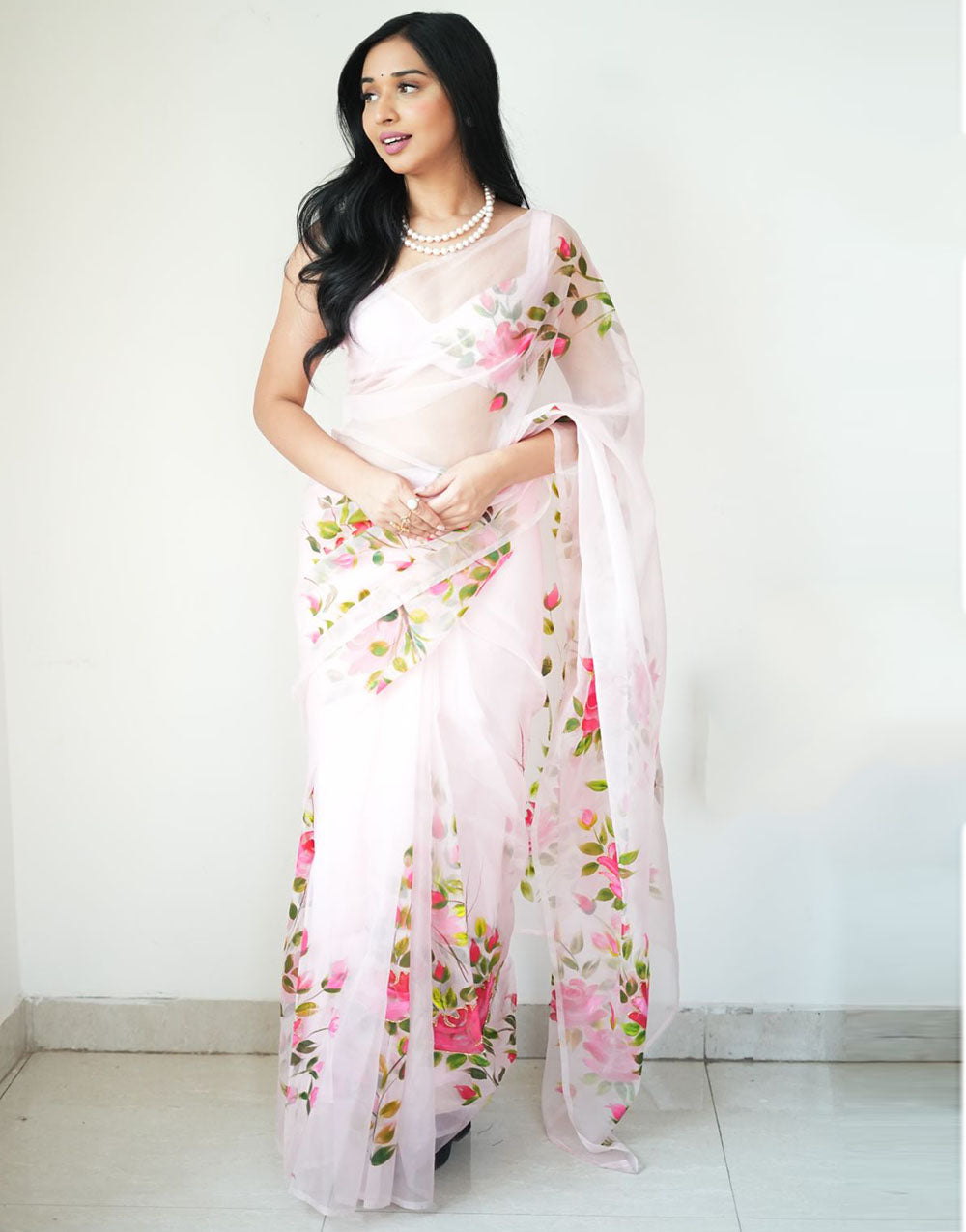 Baby Pink Organza Ready To Wear Saree