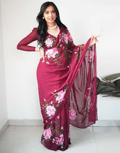 Maroon Georgette Flower Printed Ready To Wear Saree