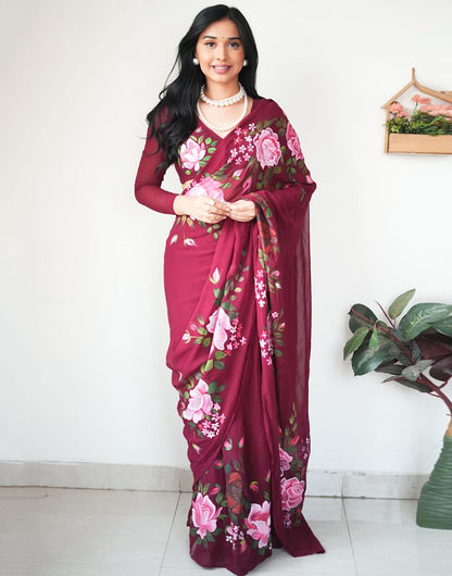 Maroon Georgette Flower Printed Ready To Wear Saree