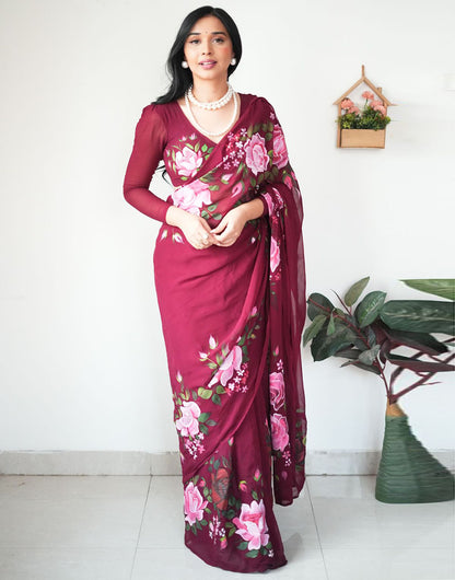 Maroon Georgette Flower Printed Ready To Wear Saree