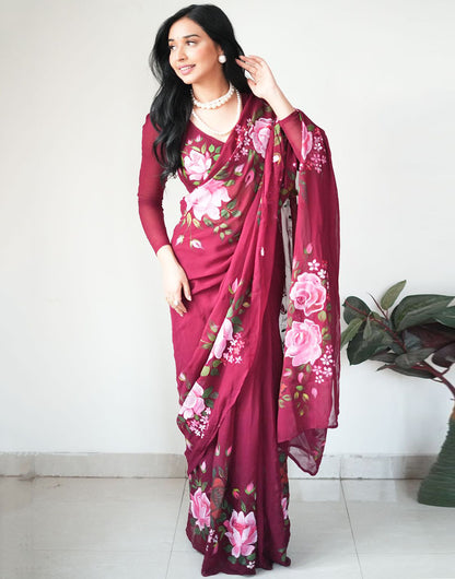 Maroon Georgette Flower Printed Ready To Wear Saree