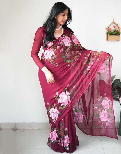 Maroon Georgette Flower Printed Ready To Wear Saree