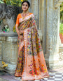 Orange & Tortilla Brown Paithani Silk Saree With Floral Zari Weaving Work