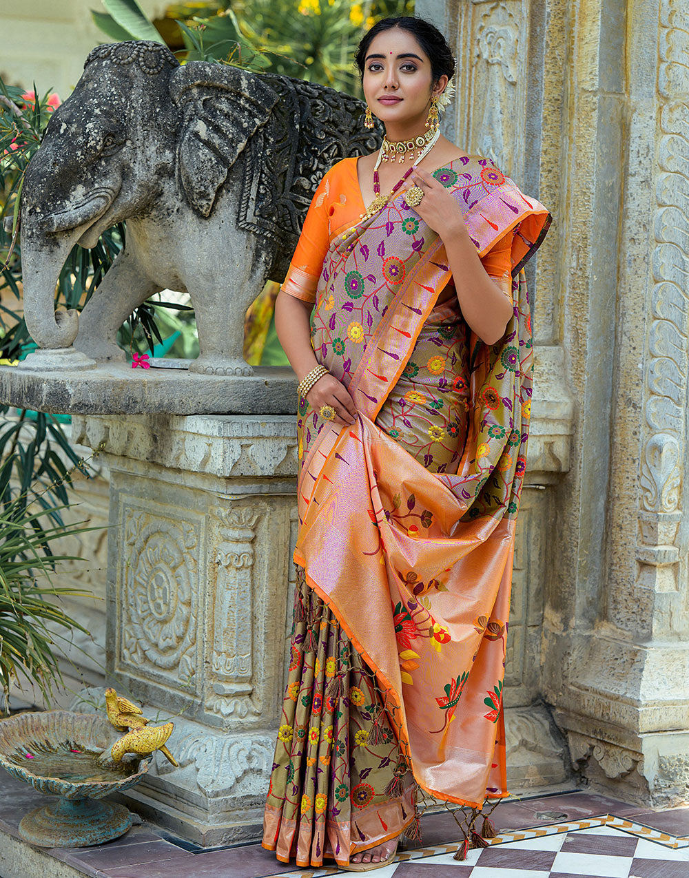 Orange & Tortilla Brown Paithani Silk Saree With Floral Zari Weaving Work