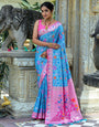 Sky Blue & Pink Paithani Silk Saree With Floral Zari Weaving Work