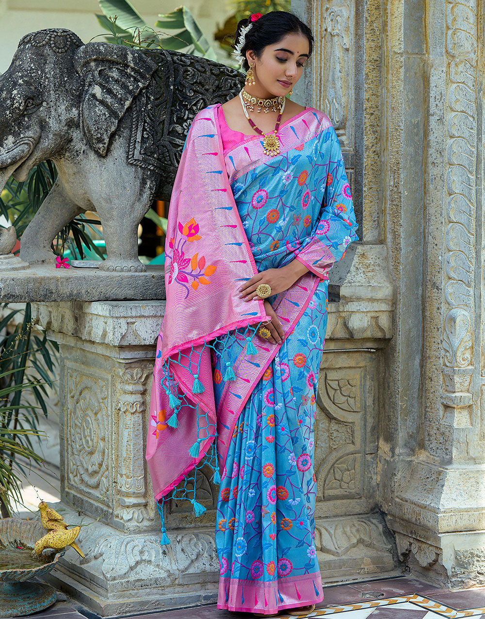 Sky Blue & Pink Paithani Silk Saree With Floral Zari Weaving Work