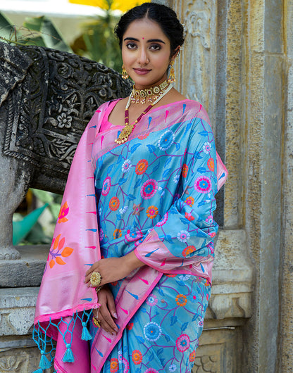 Sky Blue & Pink Paithani Silk Saree With Floral Zari Weaving Work