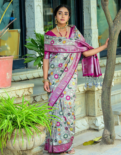 Ash Grey & Magenta Paithani Silk Saree With Floral Zari Weaving Work