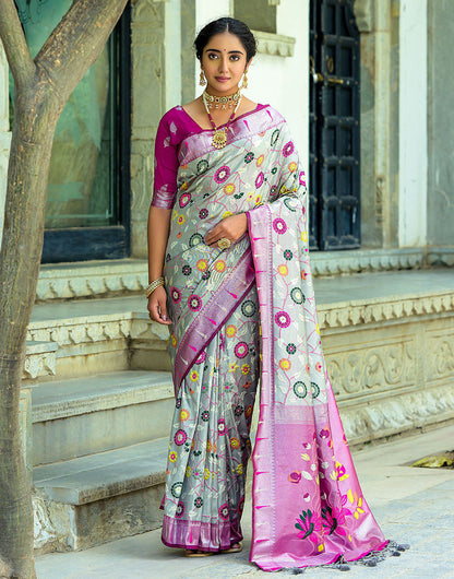 Ash Grey & Magenta Paithani Silk Saree With Floral Zari Weaving Work