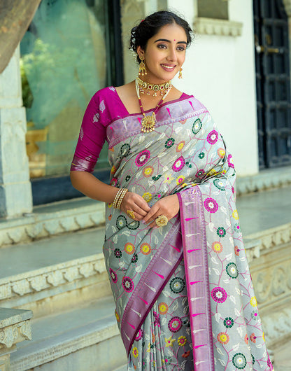 Ash Grey & Magenta Paithani Silk Saree With Floral Zari Weaving Work