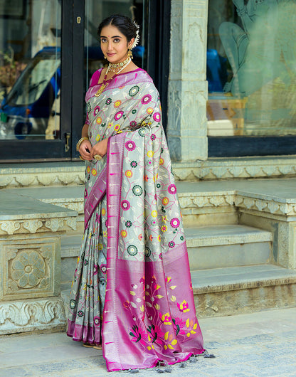 Ash Grey & Magenta Paithani Silk Saree With Floral Zari Weaving Work