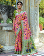 Peach Pink & Olive Green Paithani Silk Saree With Floral Zari Weaving Work