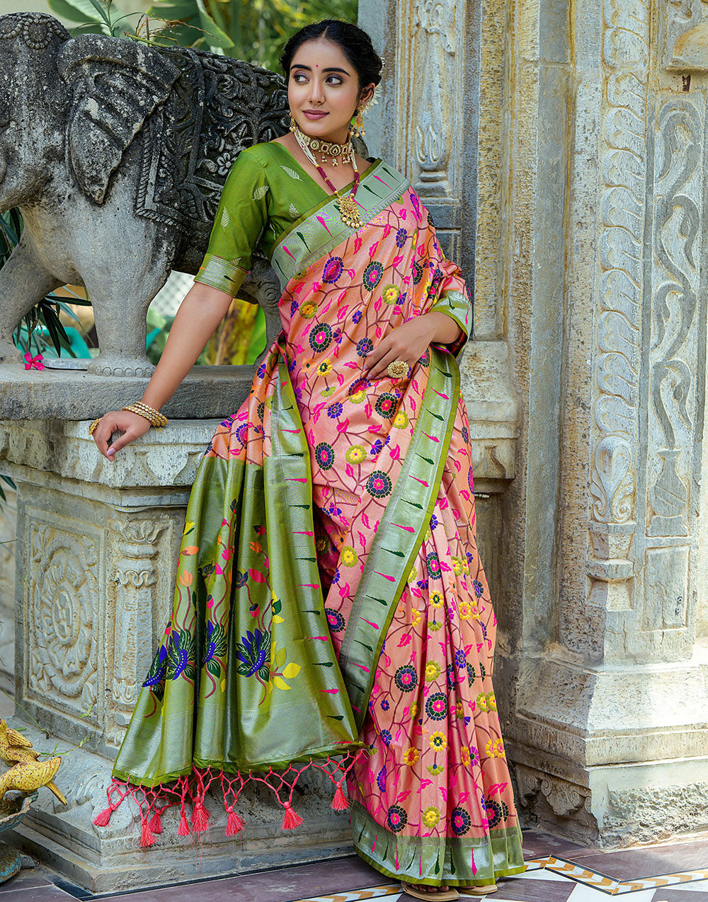 Peach Pink & Olive Green Paithani Silk Saree With Floral Zari Weaving Work